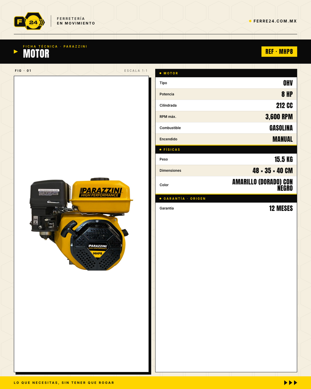Motor Parazzini MHP8 8HP 4 Tiempos — Alto Rendimiento · specs