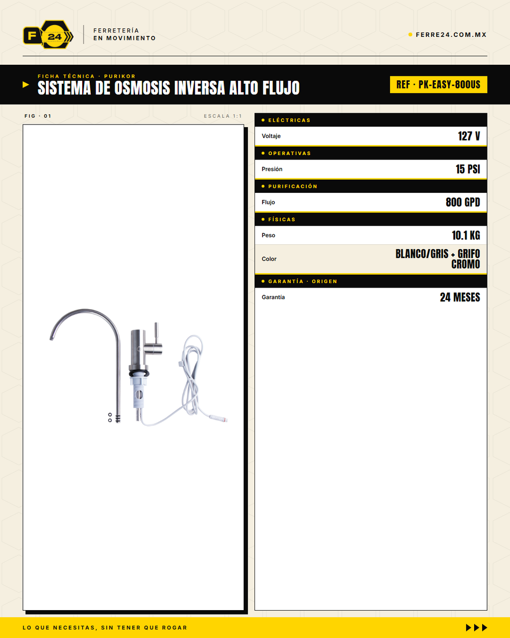 PURIKOR PK-EASY-800US — Ósmosis Inversa 800 GPD Sin Tanque · specs