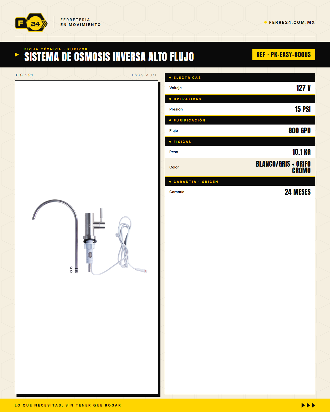 PURIKOR PK-EASY-800US — Ósmosis Inversa 800 GPD Sin Tanque · specs