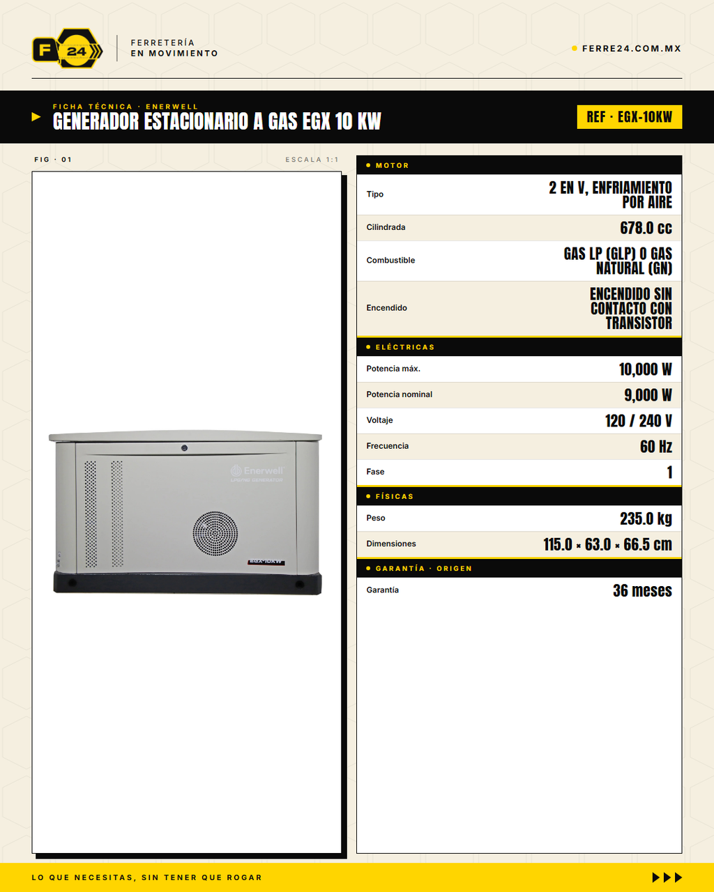 Generador Estacionario a Gas 10 kW — EGX · specs