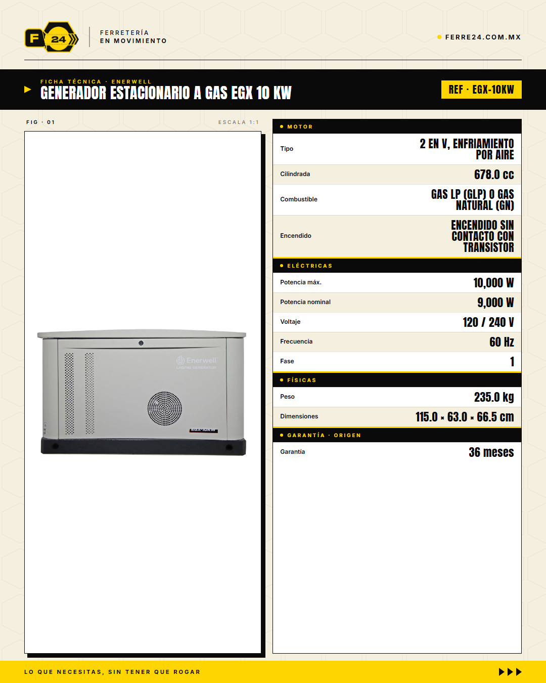 Generador Estacionario a Gas 10 kW — EGX · specs