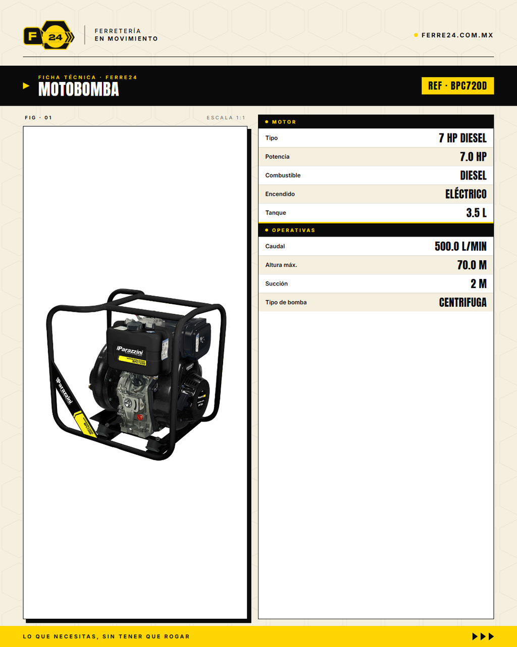 Motobomba Diésel Centrífuga 7 HP — 2", 70 m de Altura · specs