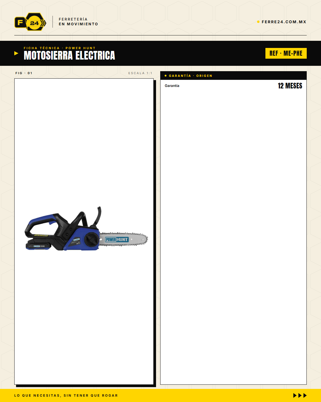Motosierra eléctrica Power Hunt 20V — Barra 10", lubricación automática, sin gasolina · specs