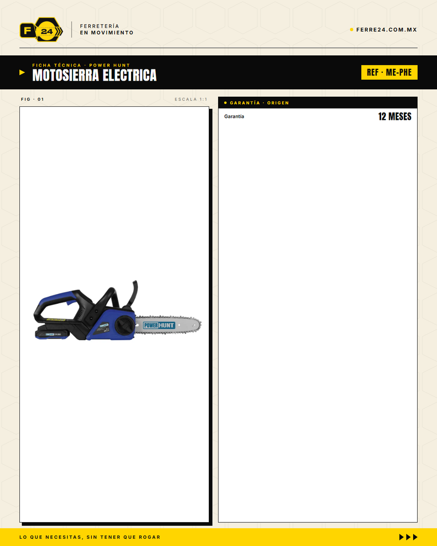 Motosierra eléctrica Power Hunt 20V — Barra 10", lubricación automática, sin gasolina · specs