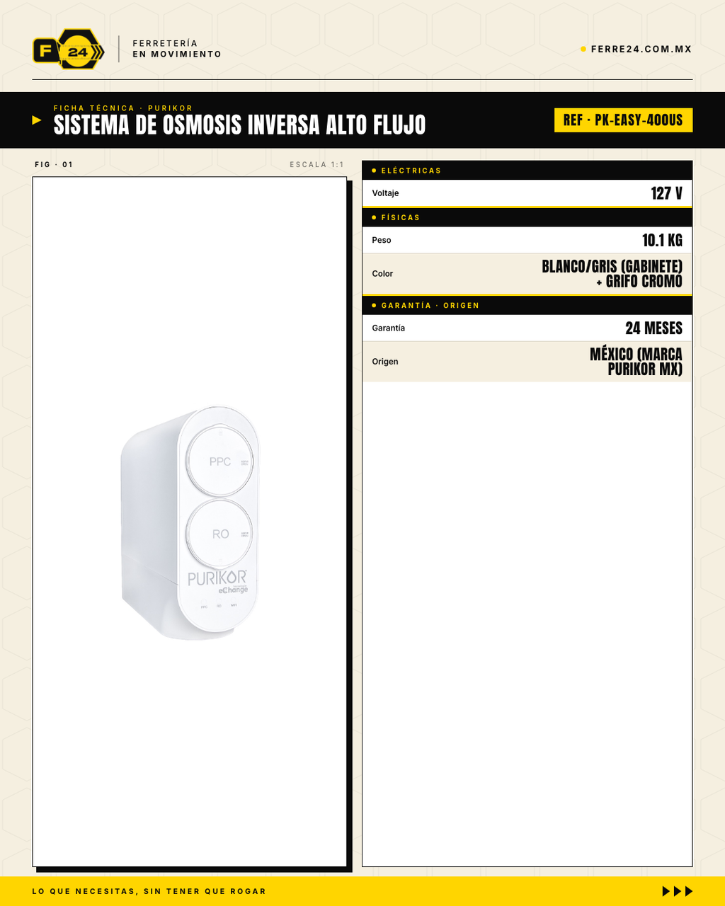 Sistema de Ósmosis Inversa 400 GPD PURIKOR — Compacto sin Tanque · specs