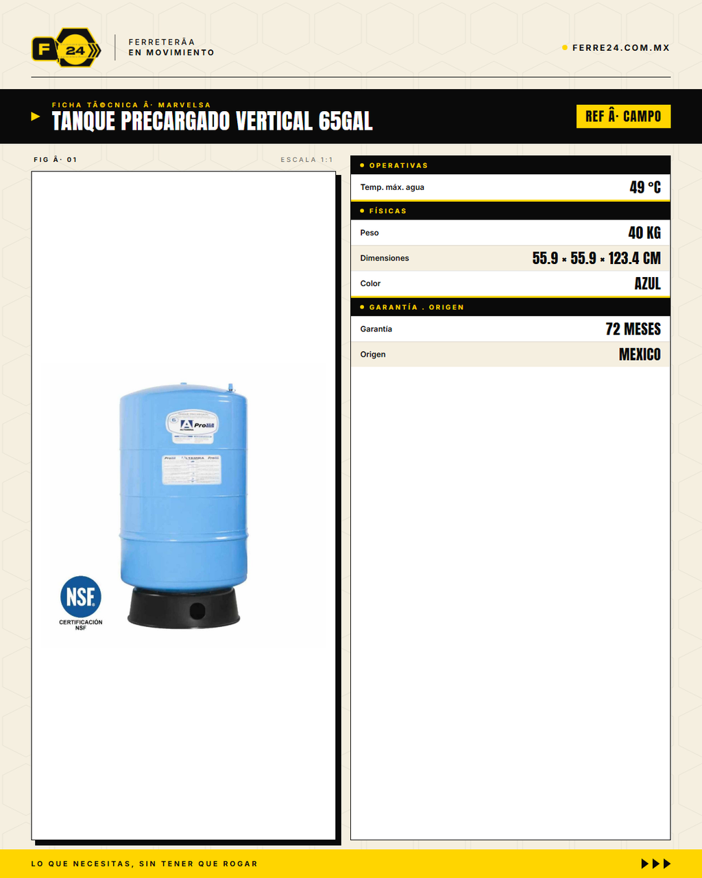Tanque Precargado Vertical 65 gal ALTAMIRA — NSF/ANSI, Garantía 6 Años

--- specs