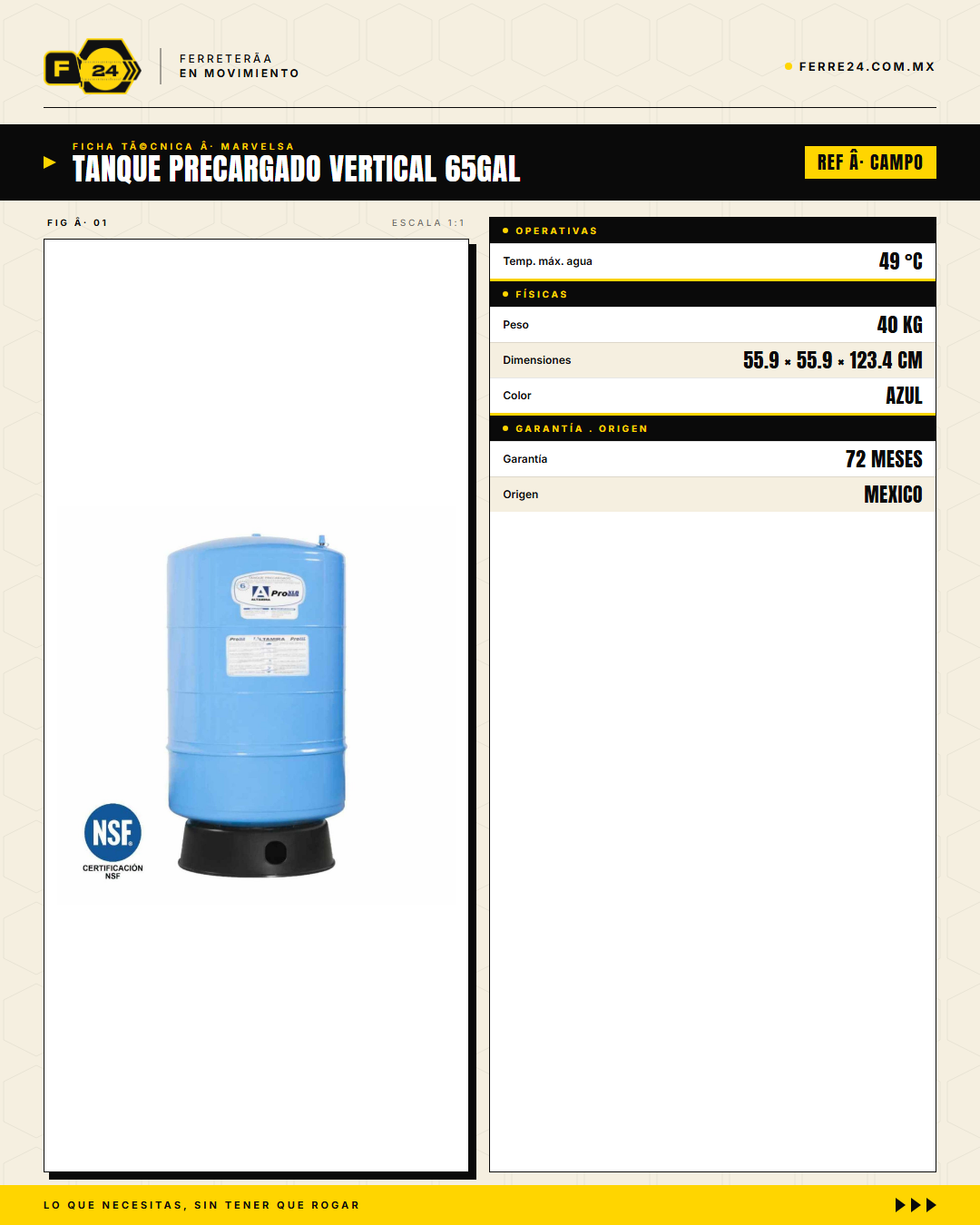 Tanque Precargado Vertical 65 gal ALTAMIRA — NSF/ANSI, Garantía 6 Años

--- specs