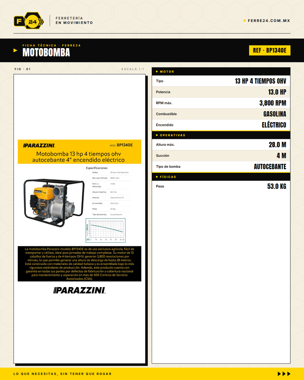 Motobomba Autocebante 13 HP 4" — Arranque Eléctrico · specs