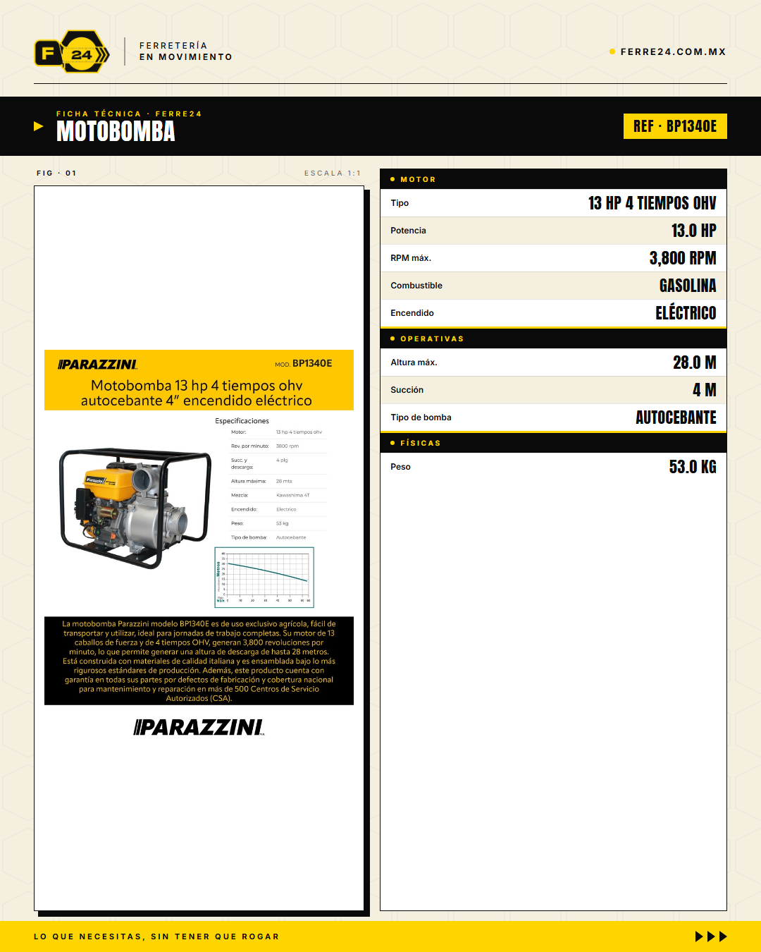 Motobomba Autocebante 13 HP 4" — Arranque Eléctrico · specs