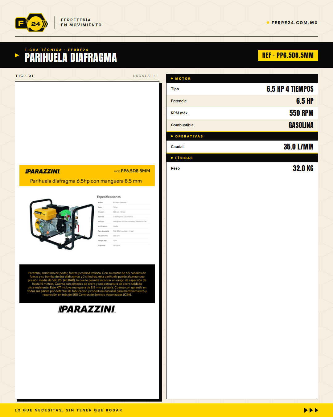 Parihuela de Diafragma 6.5 HP — 40 bar, Carrete y Pistola · specs