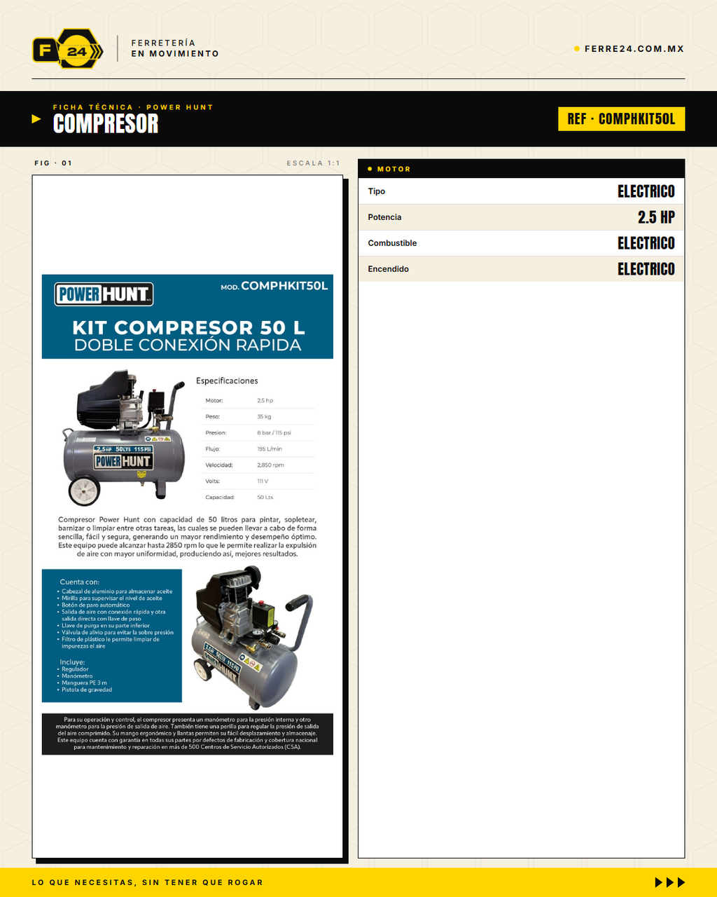 Compresor Power Hunt 2.5 HP 50 Lts — Kit Completo con Manguera y Pistola de Gravedad · specs