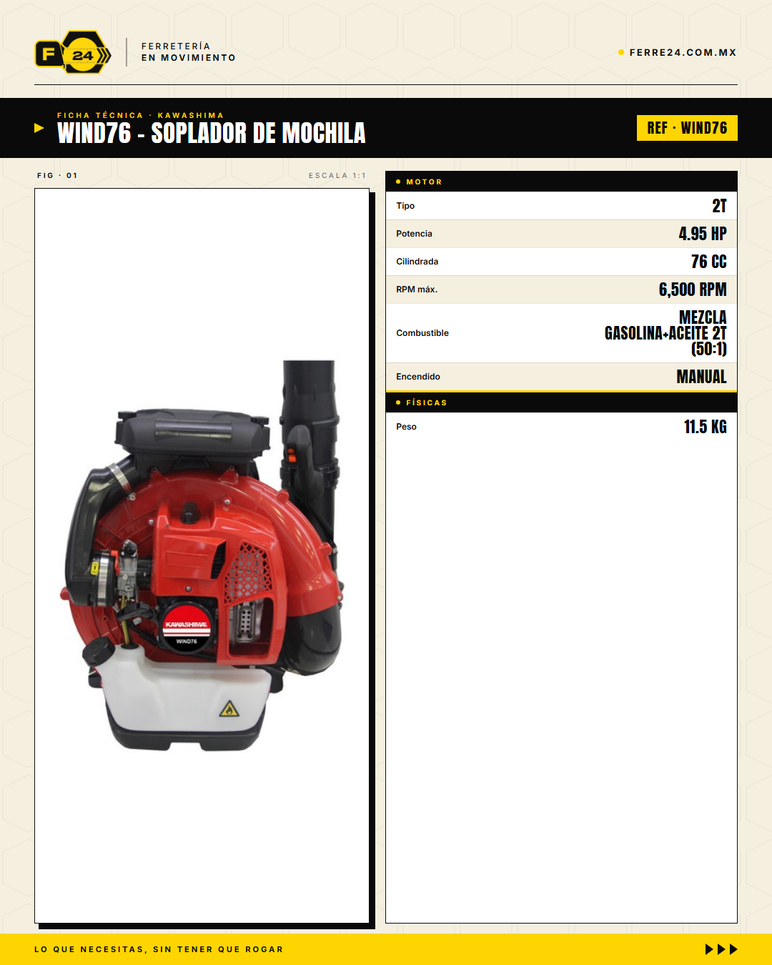 Soplador de mochila Kawashima WIND76 — 76 cc, 1,440 m³/h · specs