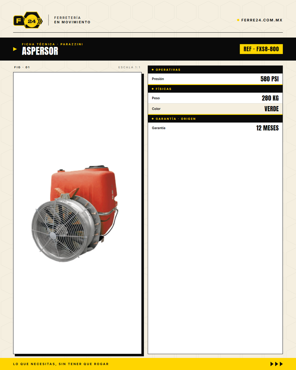 Aspersor Turbina Air-Blast 800 L Parazzini FXS8-800 — PTO 75 HP · specs