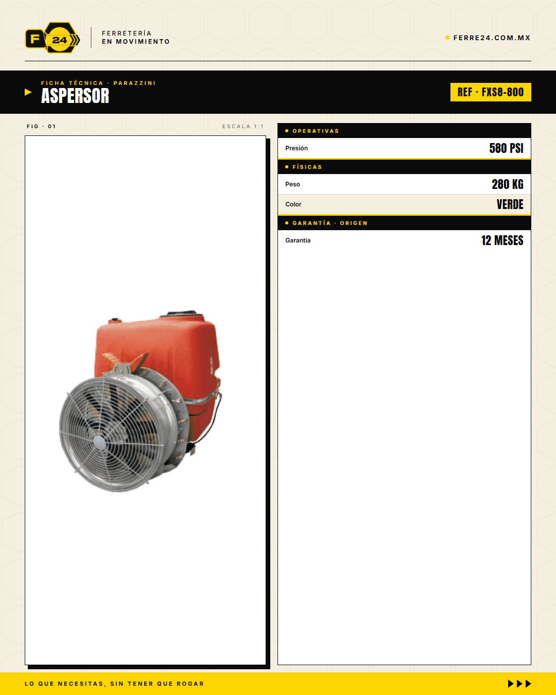 Aspersor Turbina Air-Blast 800 L Parazzini FXS8-800 — PTO 75 HP · specs
