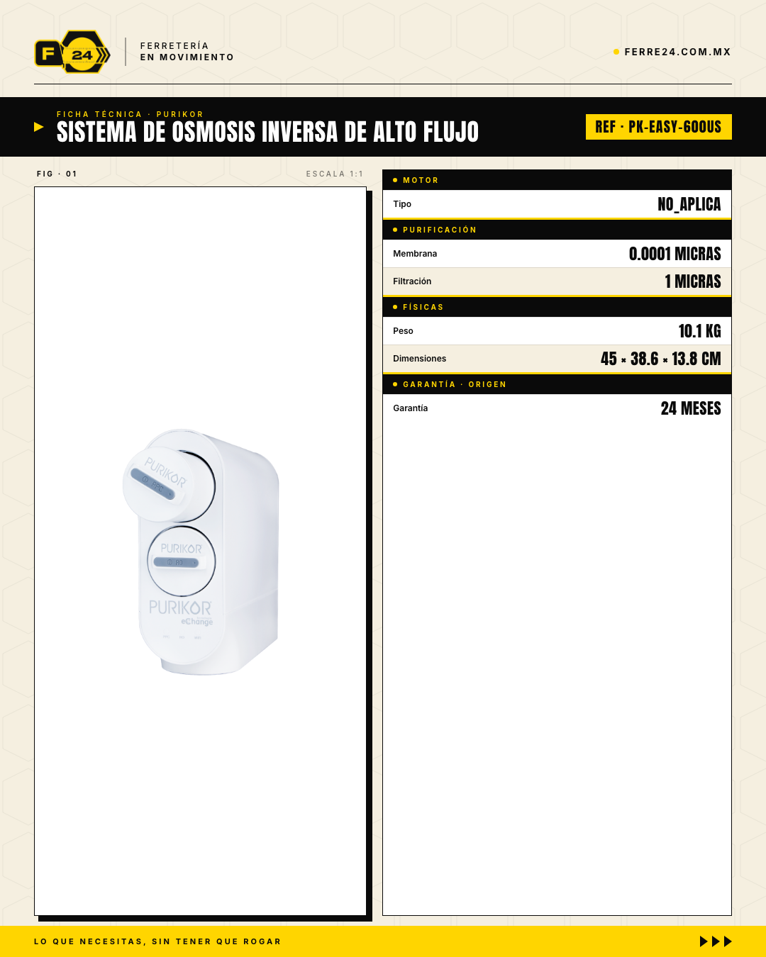 Sistema de Ósmosis Inversa Sin Tanque 600 GPD — PURIKOR PK-EASY-600US · specs