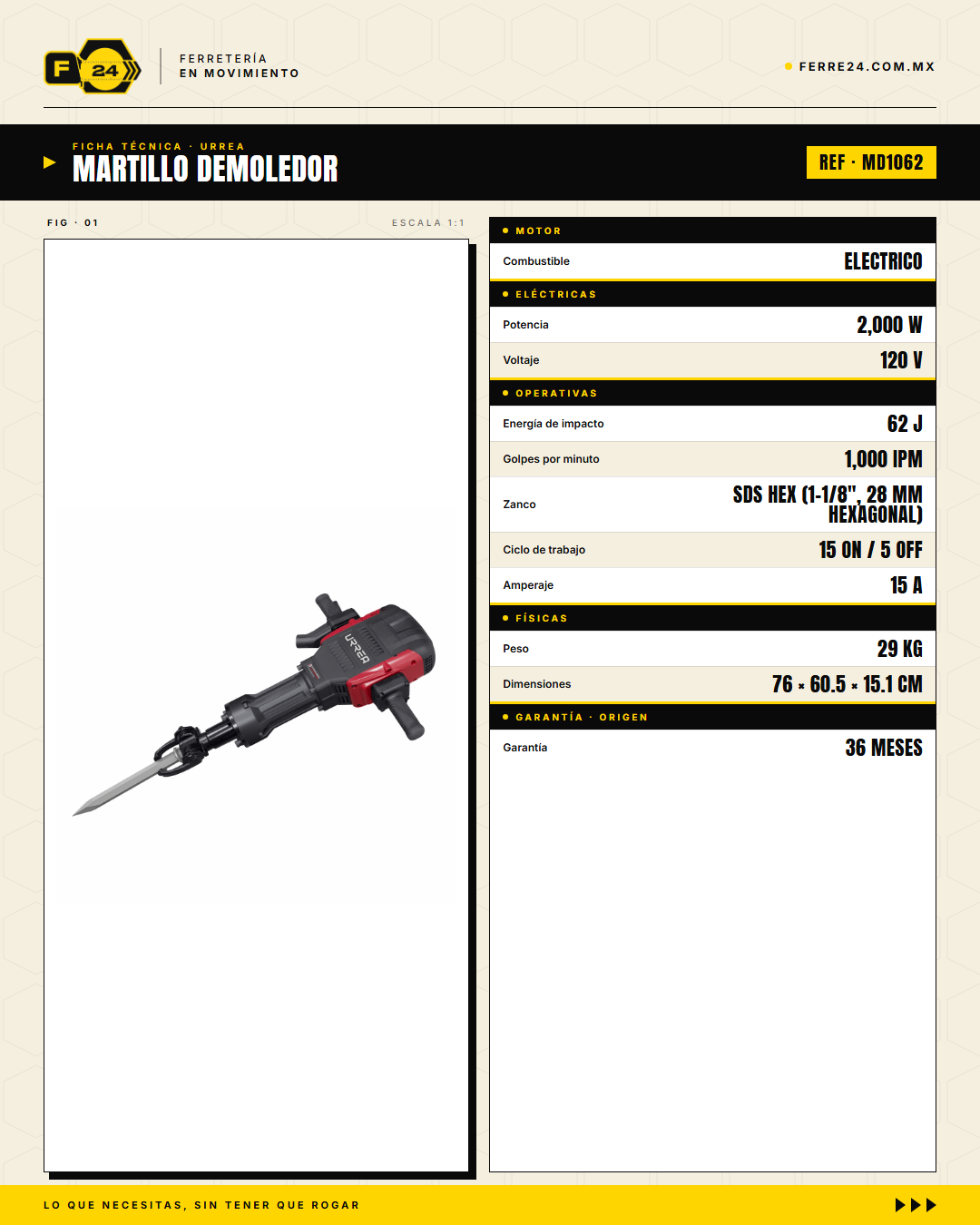 Martillo Demoledor Urrea MD1062 — 2,000 W · 62 J · Concreto Armado · specs