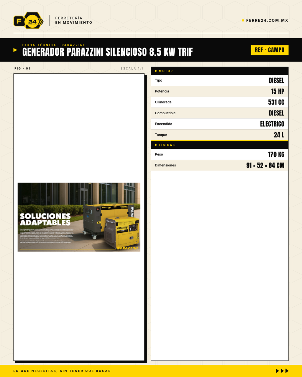 Generador Diesel Silencioso Trifásico 8.5 kW Parazzini GPDS8.5T — 72dB, Arranque Eléctrico · specs