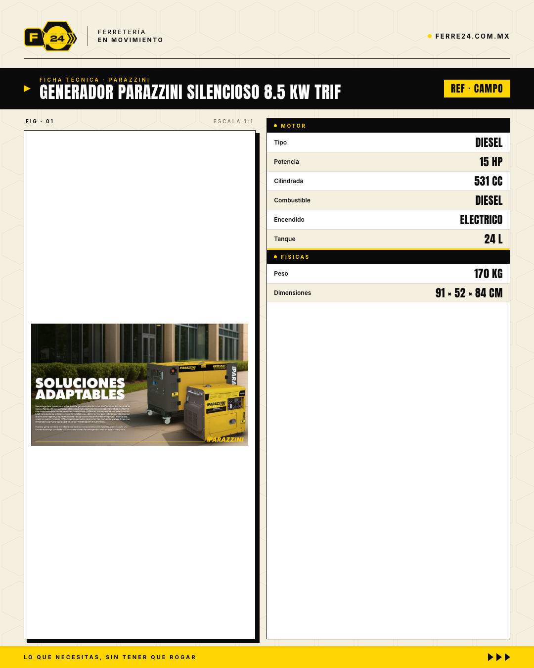 Generador Diesel Silencioso Trifásico 8.5 kW Parazzini GPDS8.5T — 72dB, Arranque Eléctrico · specs