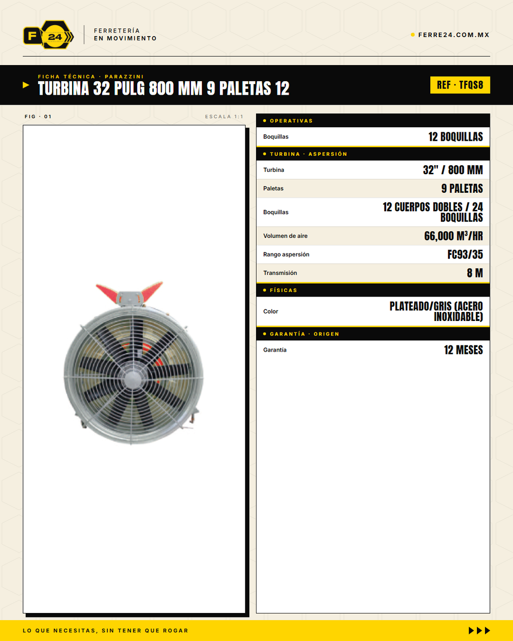 Turbina de Aspersión Parazzini TFQS8 — 32" / 800 mm, Acero Inoxidable · specs