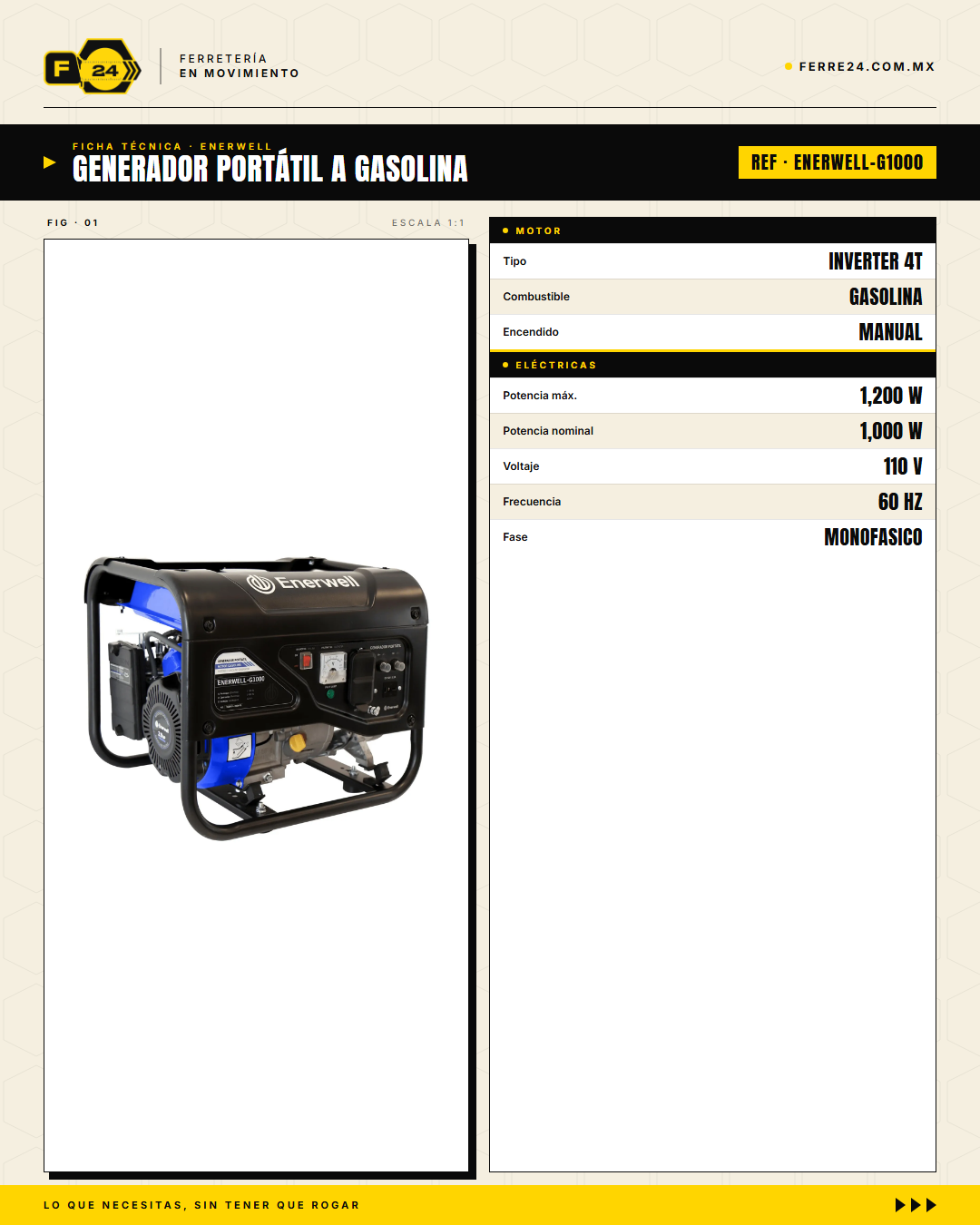 Generador Portátil Inverter 1000W ENERWELL — A Gasolina · specs