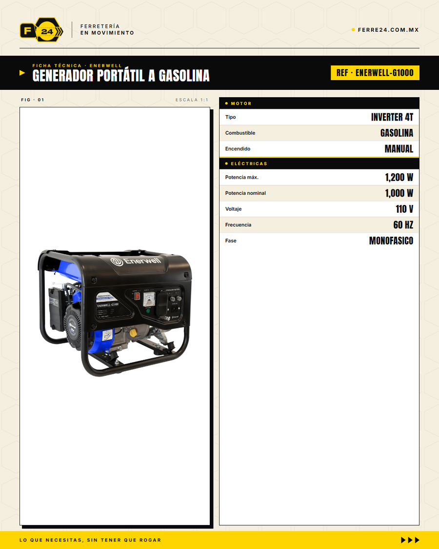 Generador Portátil Inverter 1000W ENERWELL — A Gasolina · specs