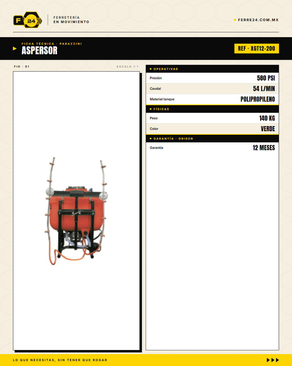 Aspersor Parazzini 200 L Aguilón 28" — PTO, Sin Motor Adicional · specs