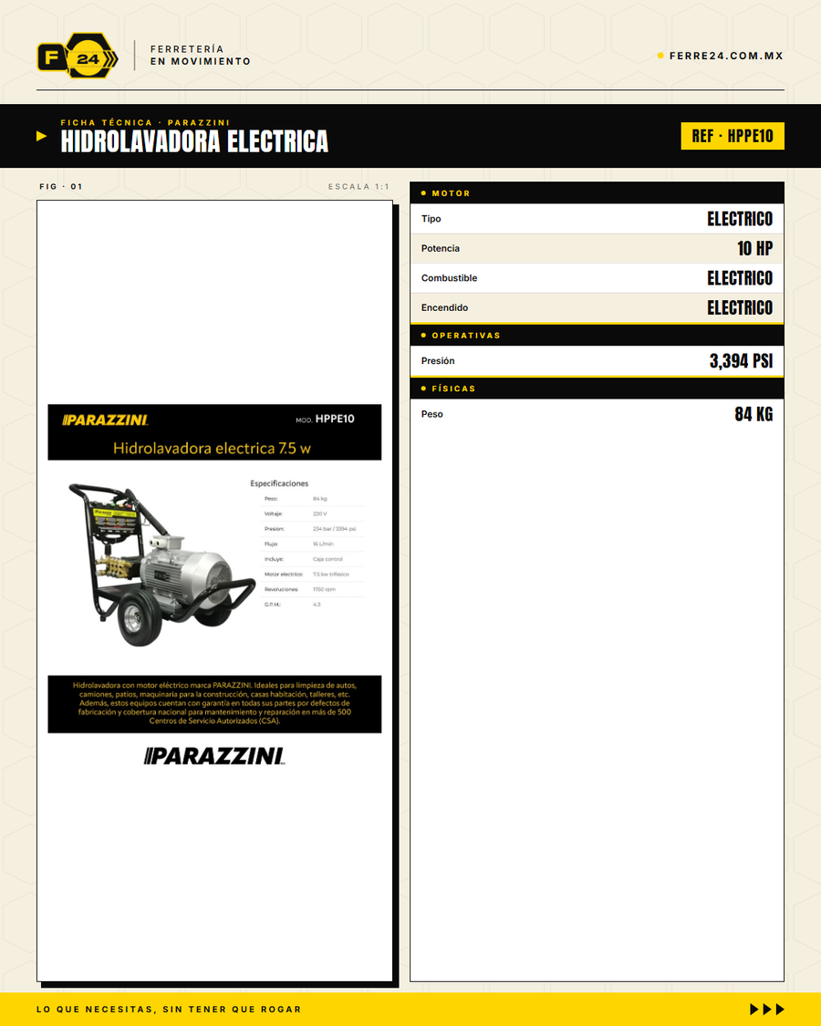 Hidrolavadora Eléctrica Industrial Parazzini Pro 10 HP — 234 bar · specs