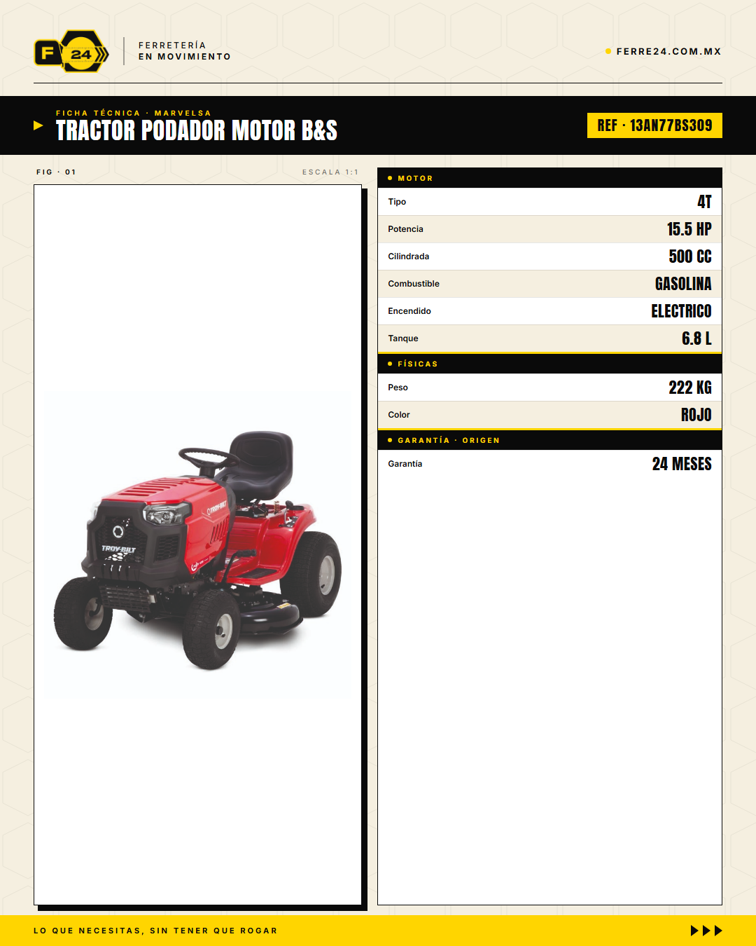 Tractor podador Troy-Bilt 42" — Motor Briggs & Stratton 500 cc, 15.5 HP · specs