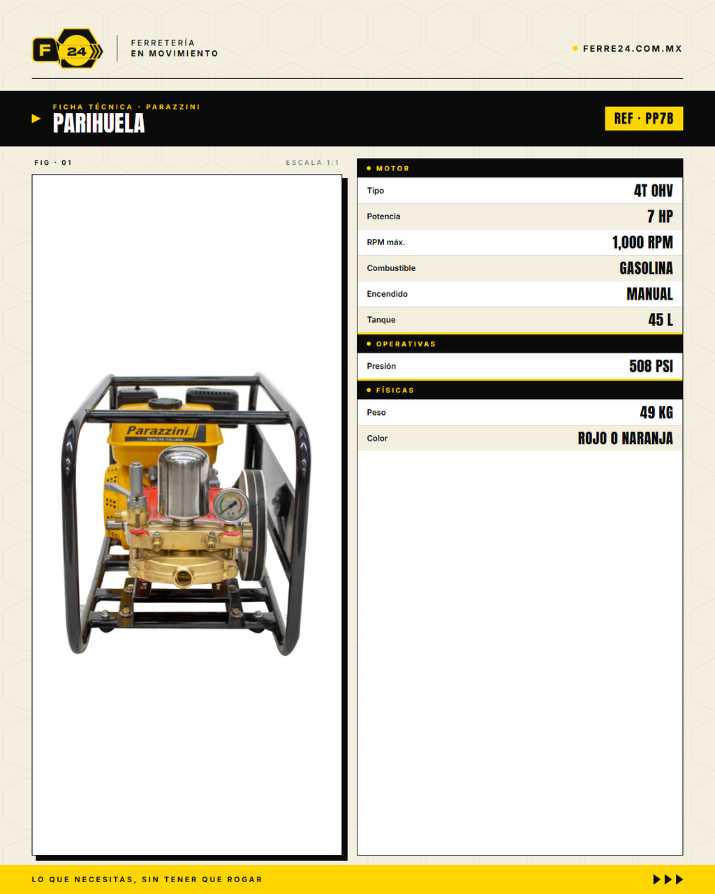 Kit Parihuela Parazzini 7 HP — Bomba Bronce + 100 m de Manguera · specs