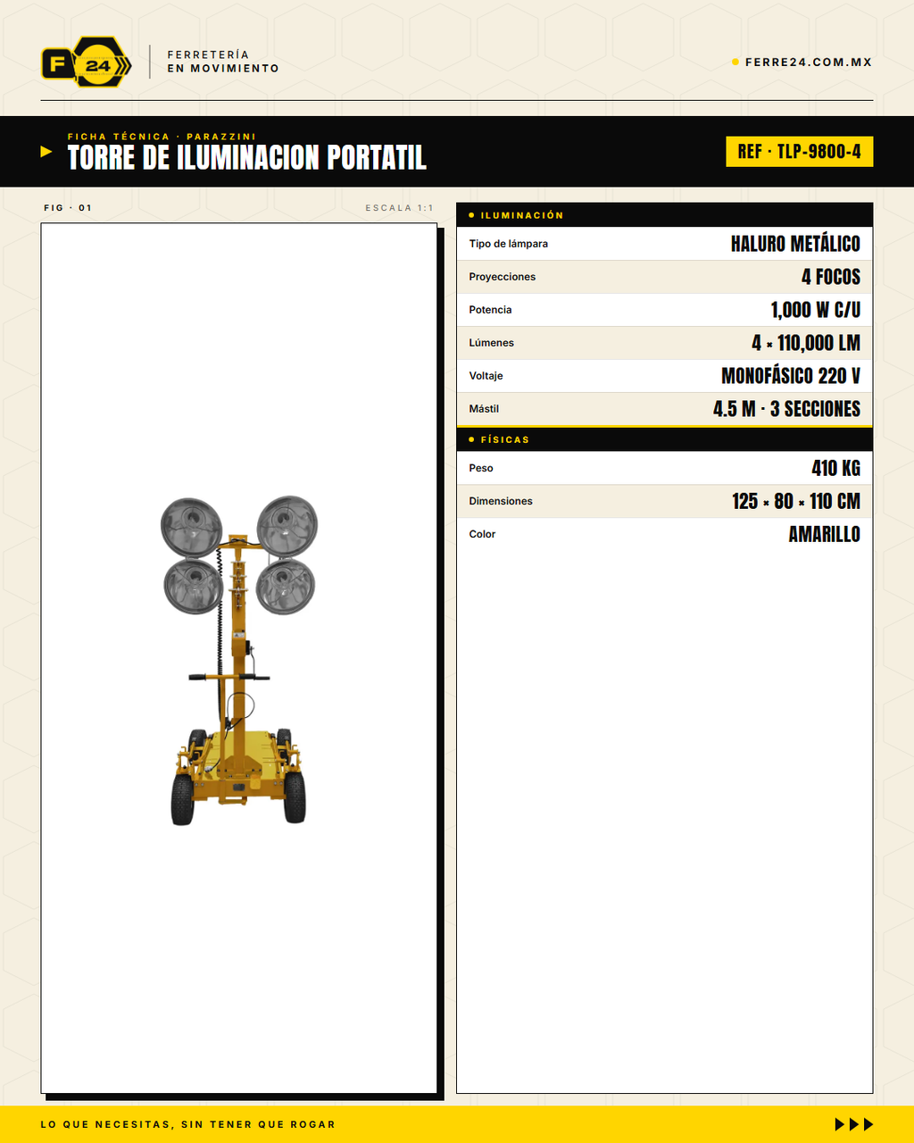 Torre de Iluminación Parazzini TLP-9800-4 — 4 x 1000W Haluro Metálico · specs