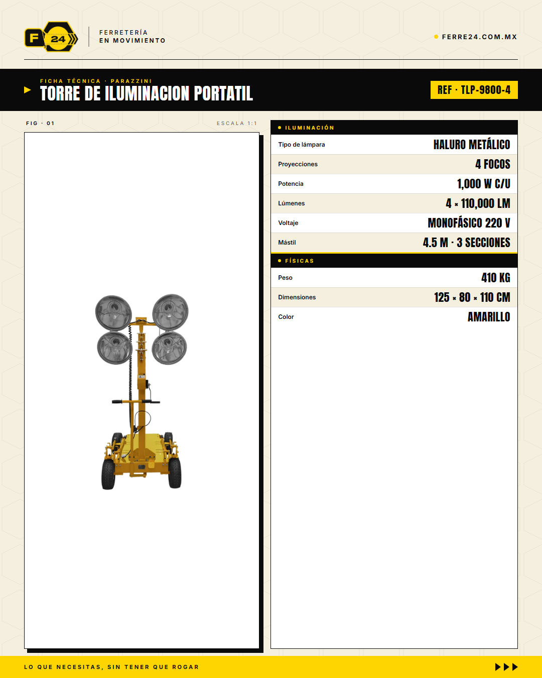 Torre de Iluminación Parazzini TLP-9800-4 — 4 x 1000W Haluro Metálico · specs