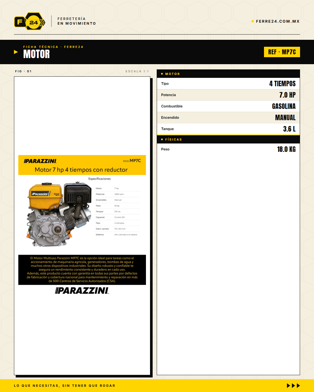 Motor 7 HP 4 Tiempos con Reductor — Cuñero 3/4 · specs