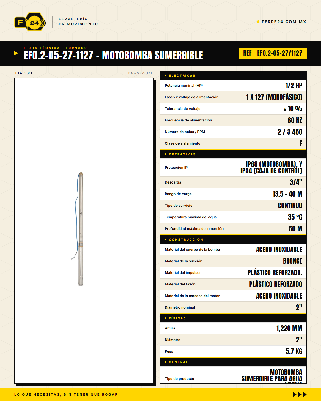 Motobomba Sumergible TORNADO SLIM 1/2 HP - Para Ademes Reducidos · specs
