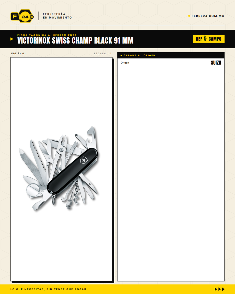 Victorinox Swiss Champ 91mm Negro — Navaja Multiusos 33 Funciones — ficha técnica