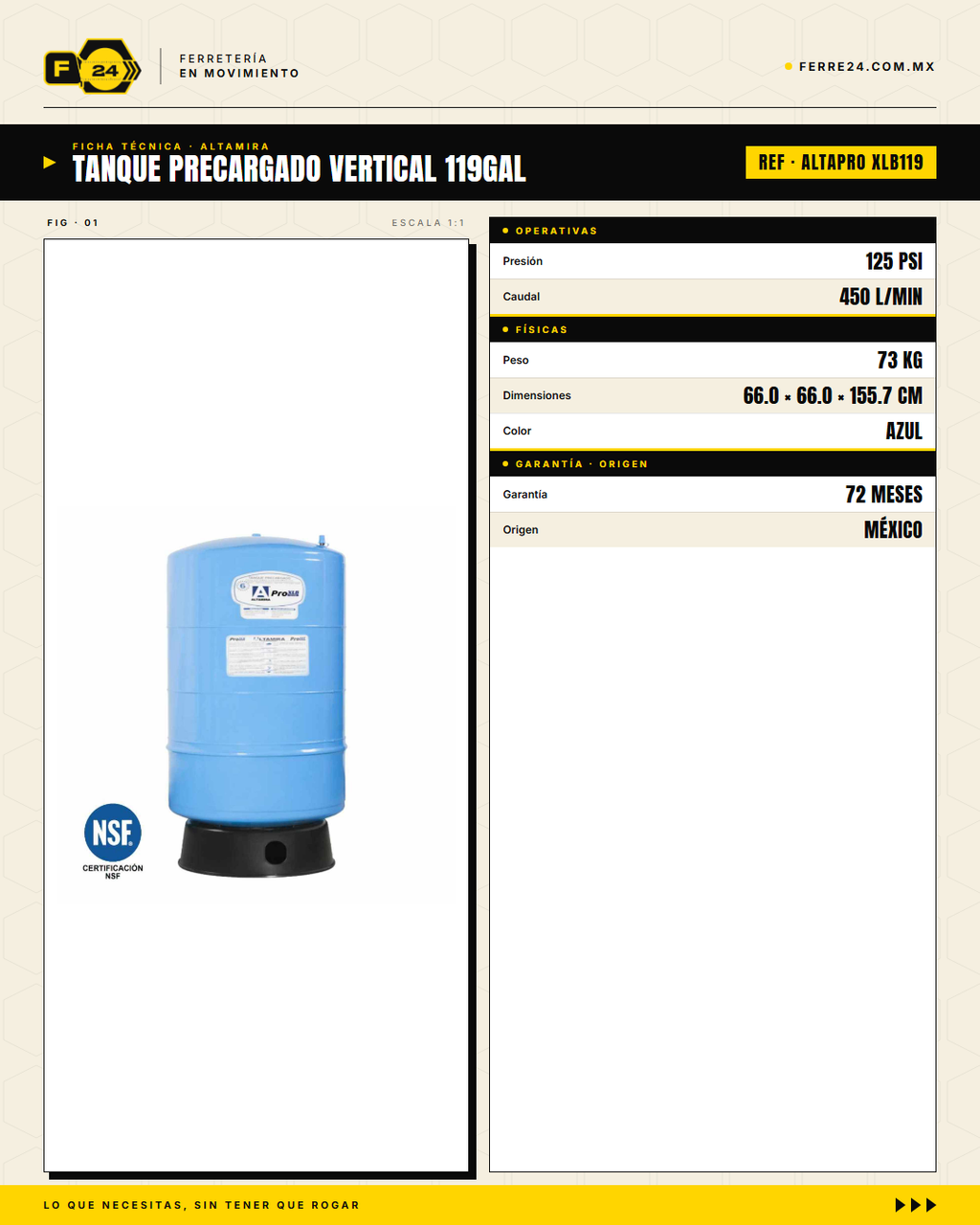 Tanque Precargado Vertical ALTAMIRA PRO 119 Galones — Garantía 6 Años · specs