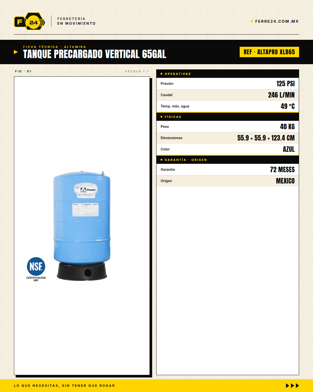 Tanque Precargado Vertical 65 gal ALTAMIRA — NSF/ANSI, Garantía 6 Años · specs
