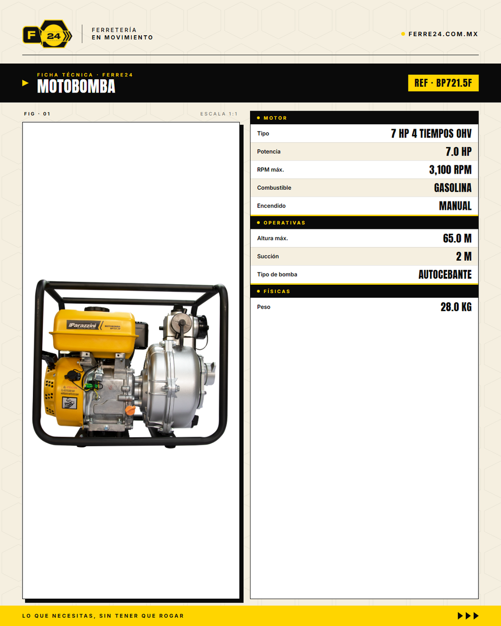 Motobomba Alta Presión 7 HP — 65 m, Tres Salidas · specs