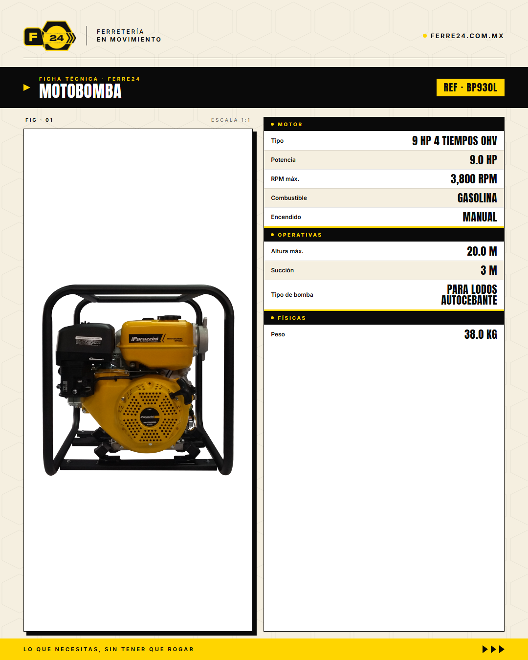 Motobomba para Lodos 9 HP — 3", Autocebante · specs