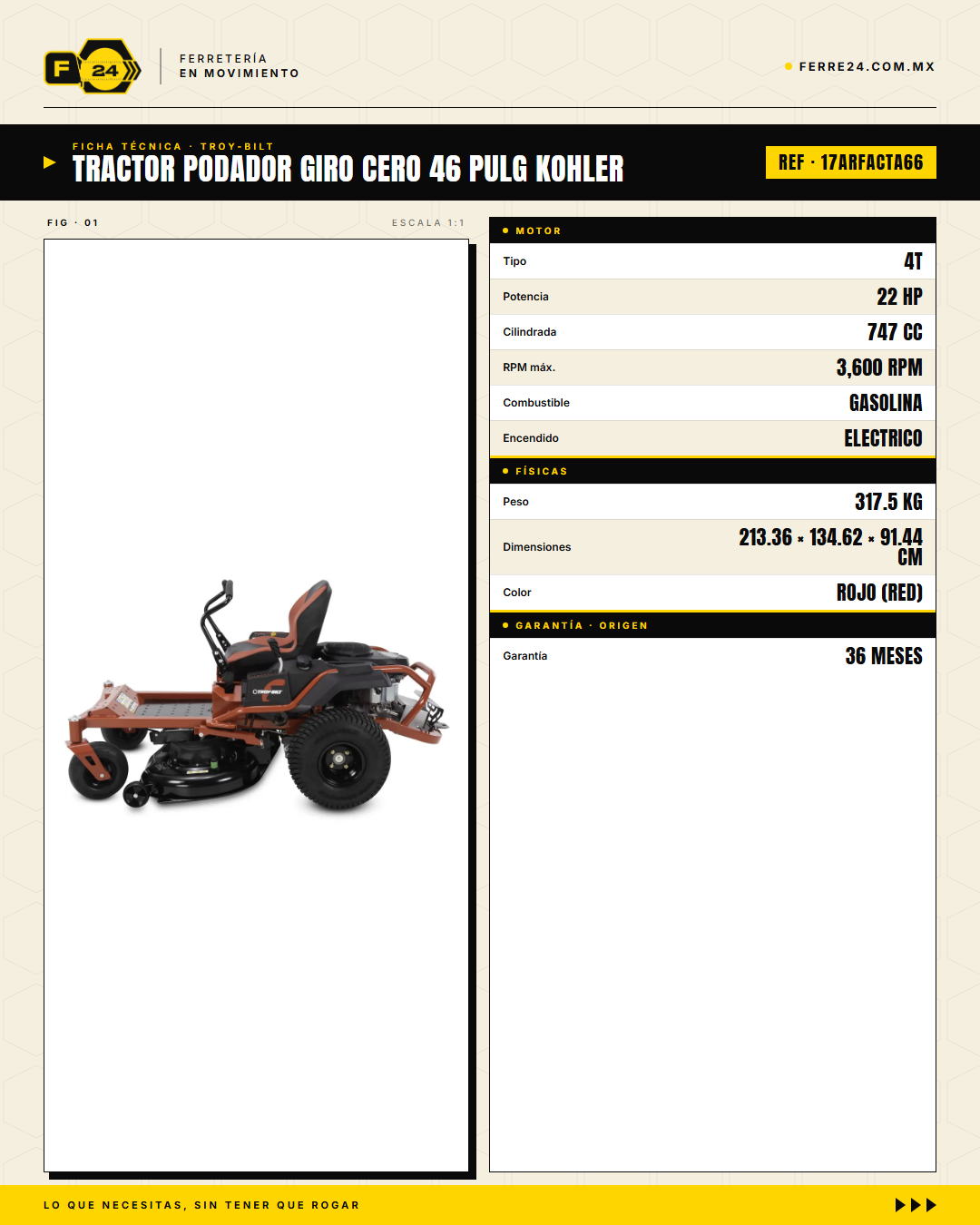 Tractor Podador Giro Cero 46" Kohler 22HP - Troy-Bilt Mustang Z46 · specs
