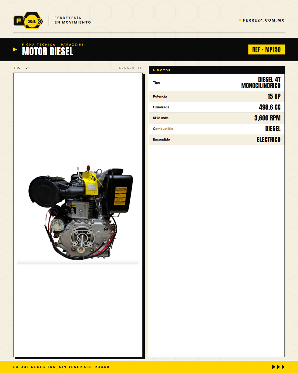 Motor Diesel 15 HP Parazzini MP15D con Arranque Eléctrico — Para Bomba, Generador y Obra · specs