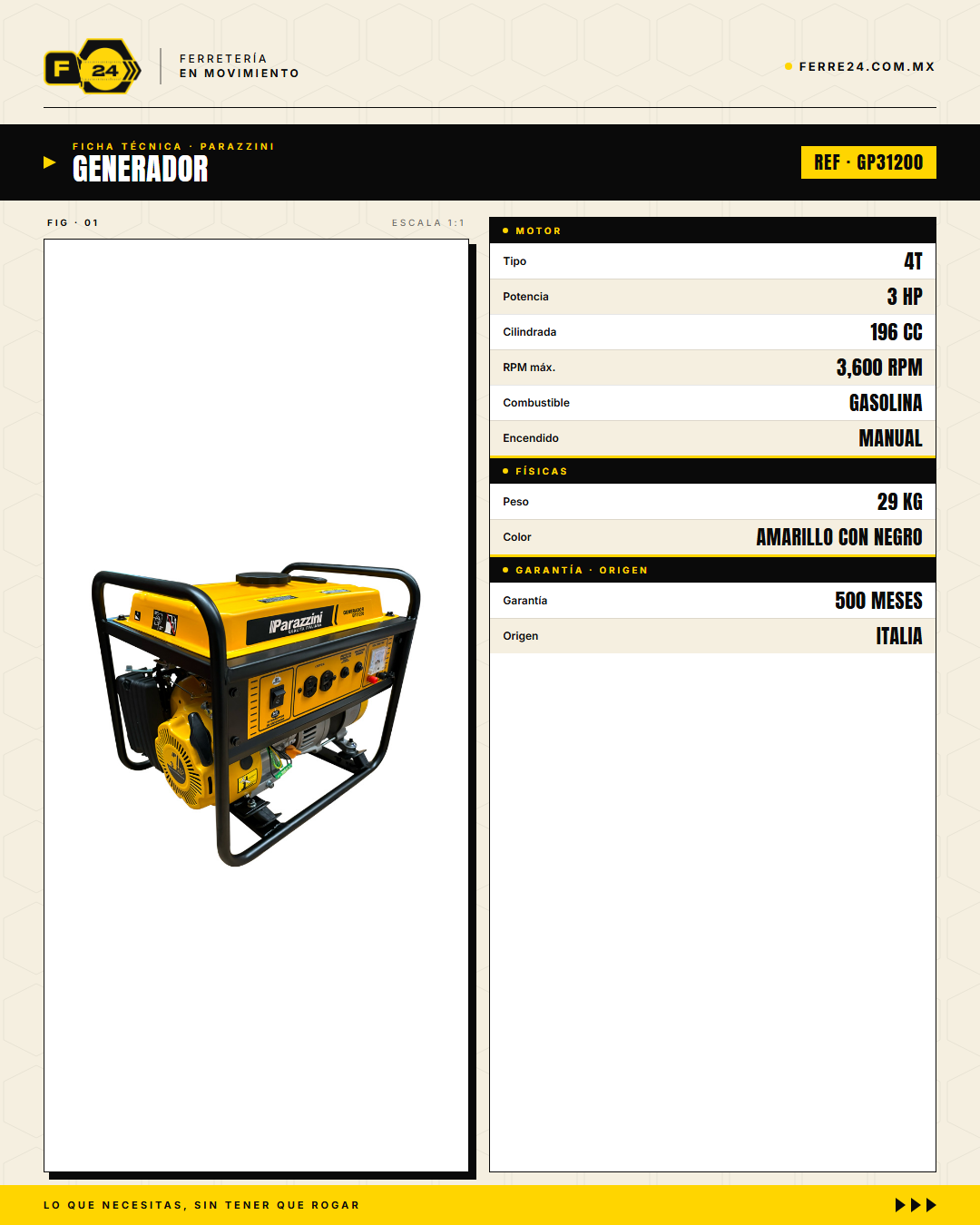 Generador portátil Parazzini GP31200: motor 3HP, 1,200W máx, tanque 6.3 L, 7 h de autonomía. Respaldo confiable para hogar, campo y emergencias desde $4,769 MXN. · specs