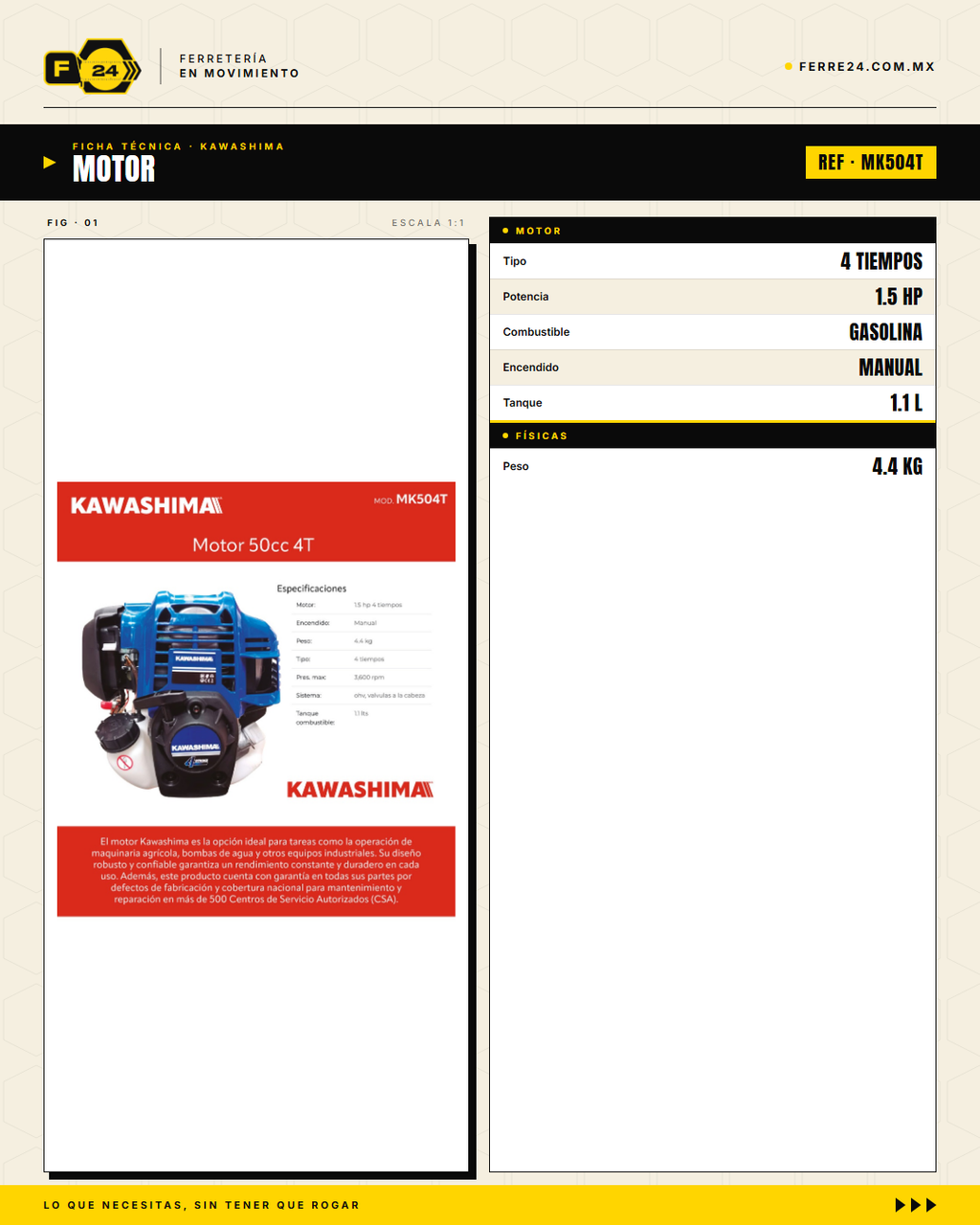 Motor Kawashima MK504T 50 cc — 4 Tiempos, 4.4 kg · specs