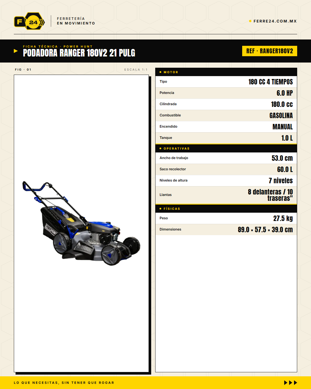 Podadora de Pasto 21" — 180 cc, Chasis de Acero y Triturado · specs