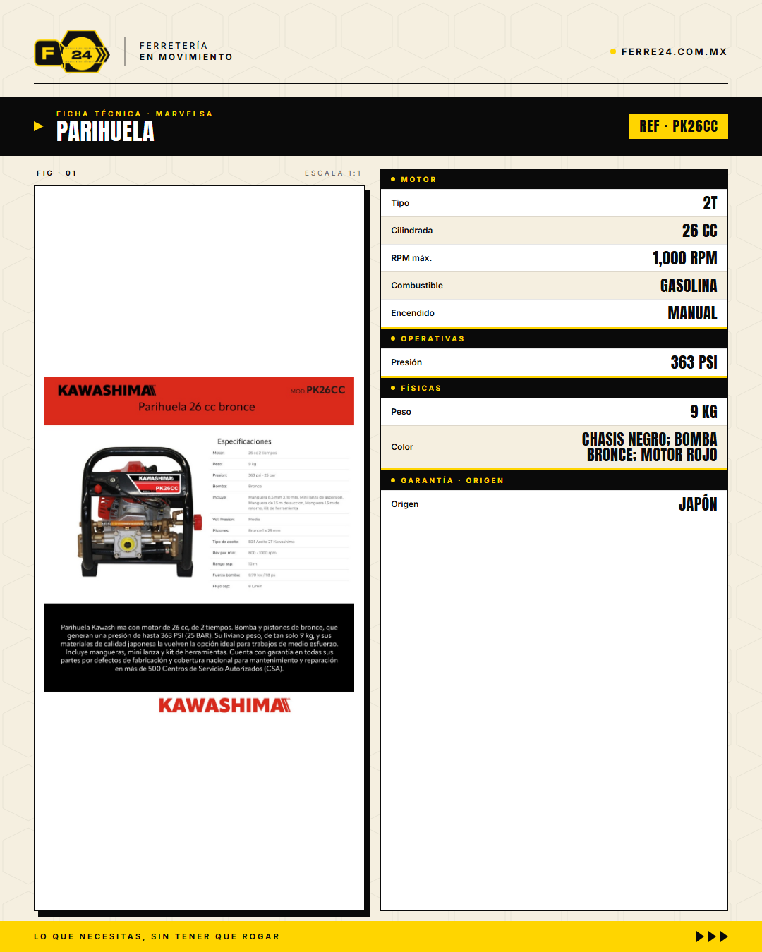 Parihuela Kawashima PK26CC — Motobomba Mochila 26 cc Bomba Bronce · specs