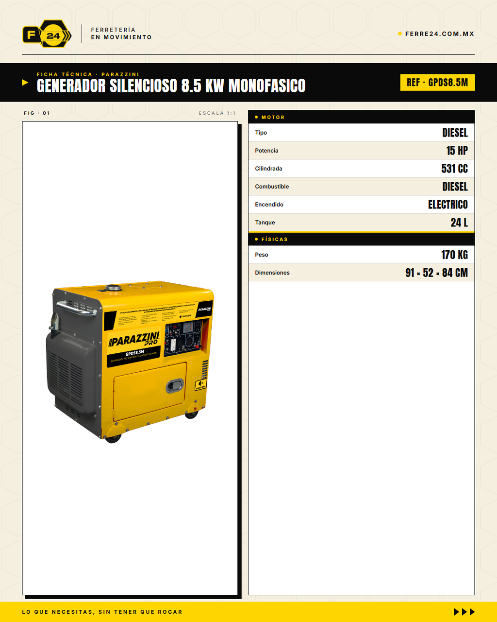 ```
Generador diesel silencioso Parazzini GPDS8.5M. Solo 72 dB — apto para hoteles, residencias y oficinas. 7.0 kW, monofásico 110/220V, arranque eléctrico. Envío con flete especial.
``` · specs