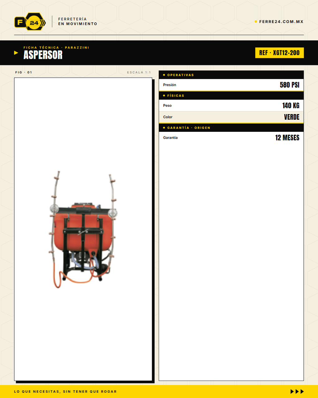 Aspersor Parazzini 200 L Aguilón 28" — PTO, Sin Motor Adicional · specs