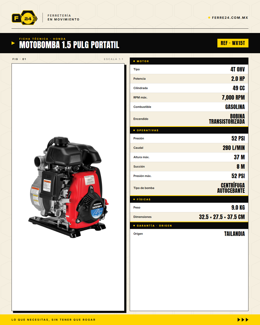 Motobomba Honda WX15T — 1.5" Portátil Autocebante, 280 L/min · specs
