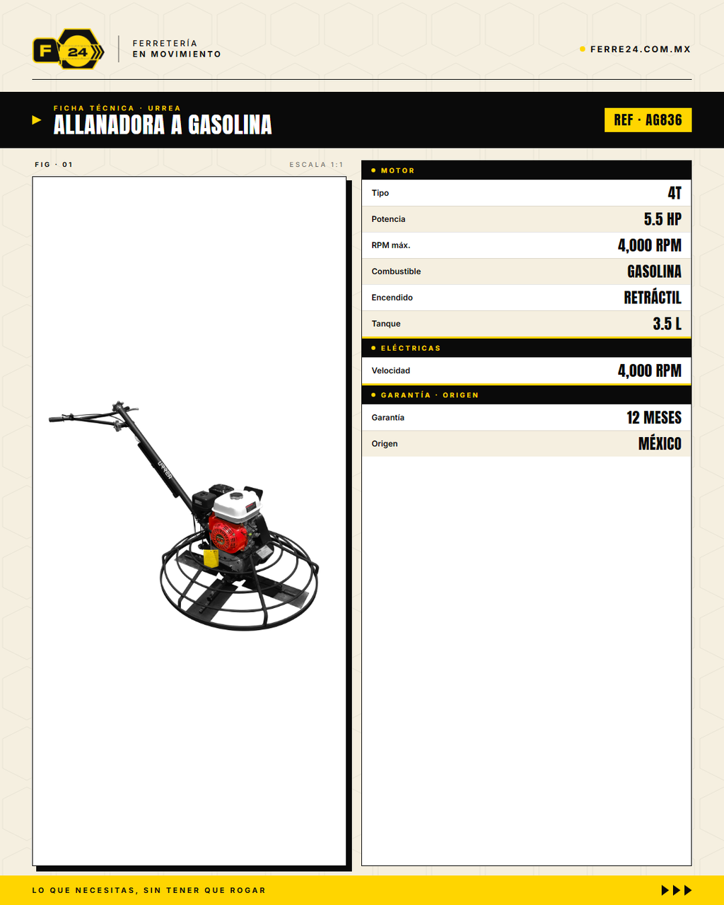 Allanadora de Concreto Urrea AG836 - Gasolina 4T, 5.5 HP · specs