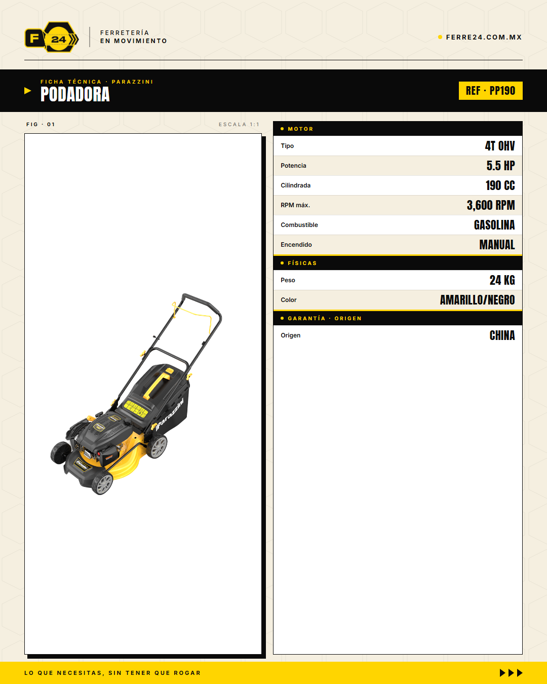 Podadora a Gasolina 190cc Parazzini Pro PP190 — Corte 21" y Bolsa 65L · specs
