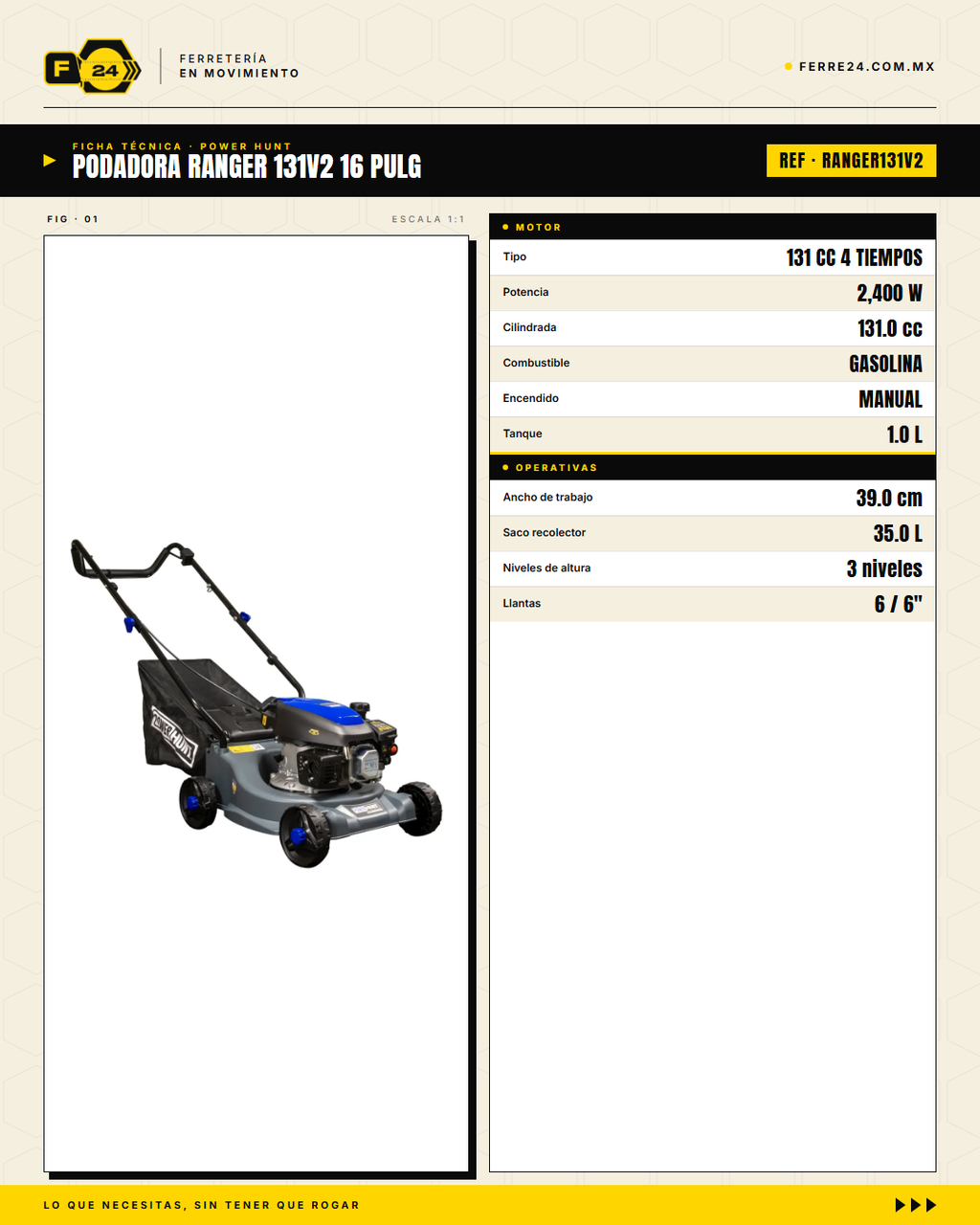 Podadora de Pasto 16" — 131 cc, Empuje Manual, Recolector de 35 L · specs
